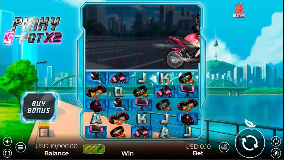 Interface vibrante e neon do slot Pinky G-Pot X2 com elementos de cultura urbana de Seul