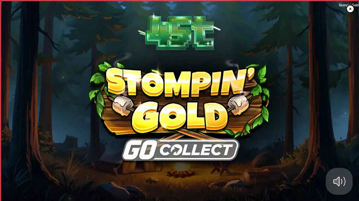 Cena vibrante do jogo Stompin’ Gold GO Collect com o explorador Jack e os yetis Biggie e Boogie na floresta.